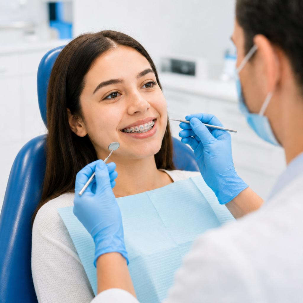 Patient with braces during an orthodontic checkup at Ortho Smile Clinics in Lebanon