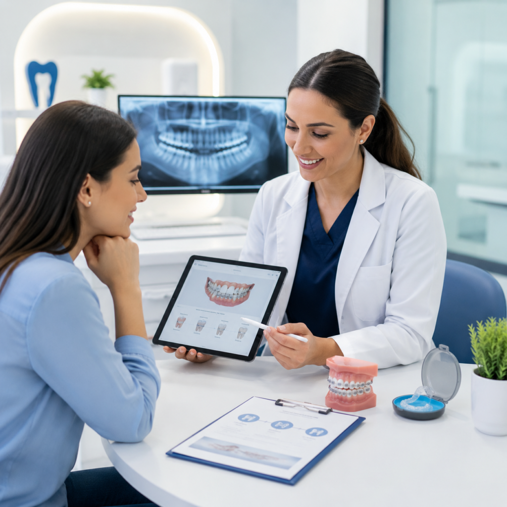 Orthodontist explaining braces cost and treatment planning to a patient at Ortho Smile Clinics in Lebanon